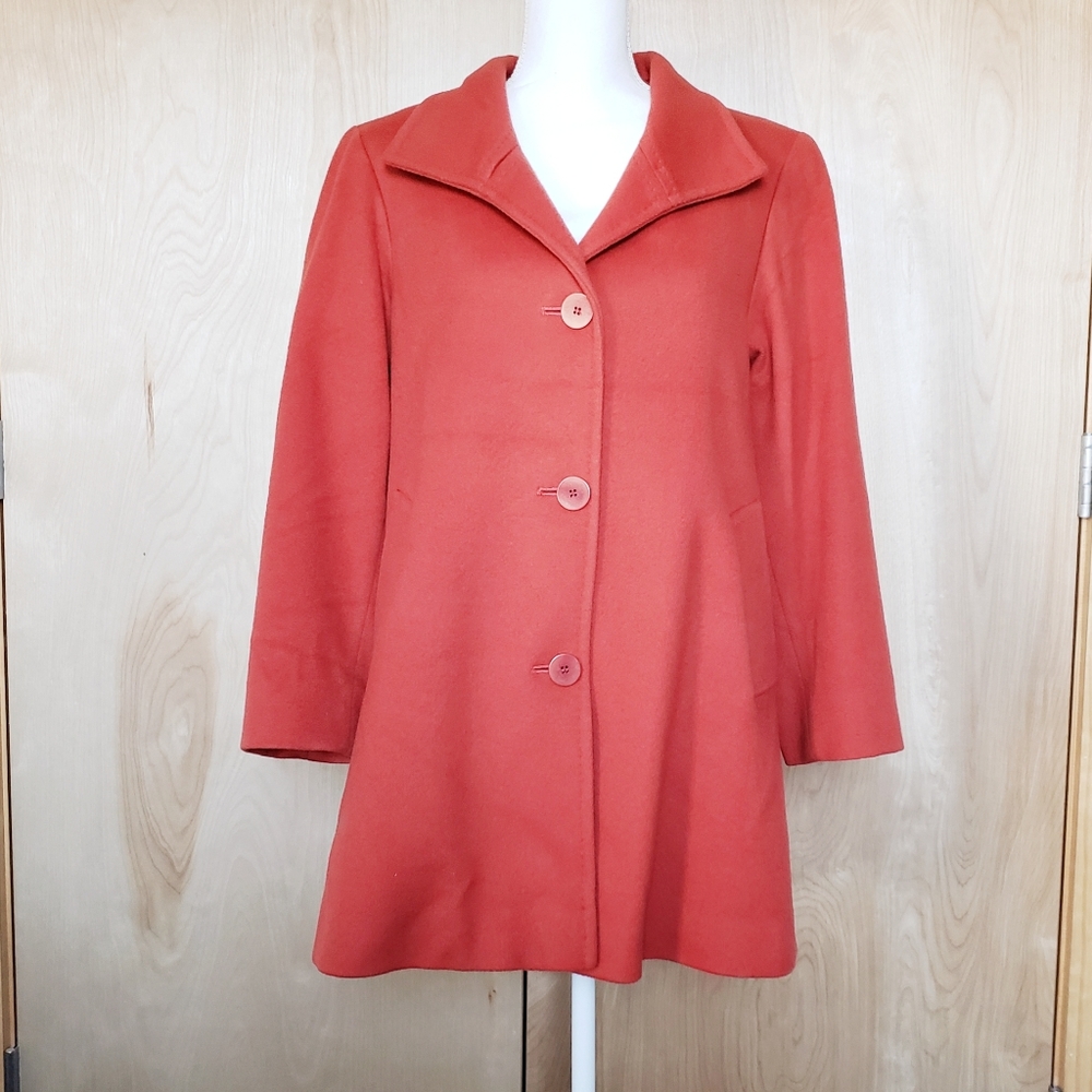 Fleurette Loro Piana Orange 100% Wool Stand Collar Car Coat, Size 4